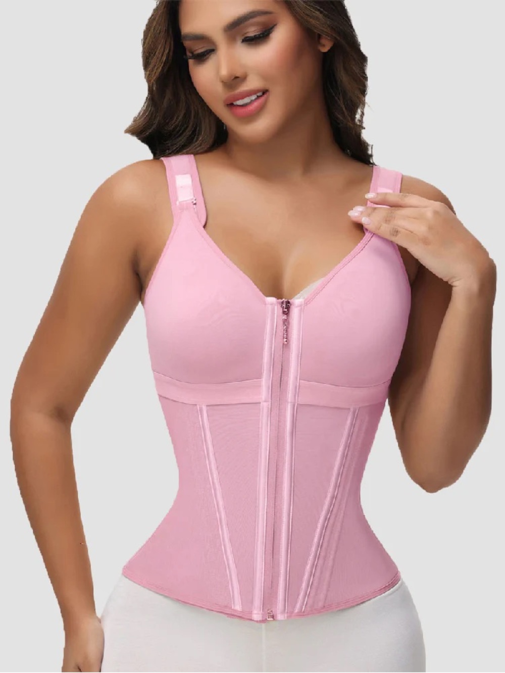Shapshe Women's Boned Latex‎ Zipper Corset Tummy Control Body Shaper With Bra